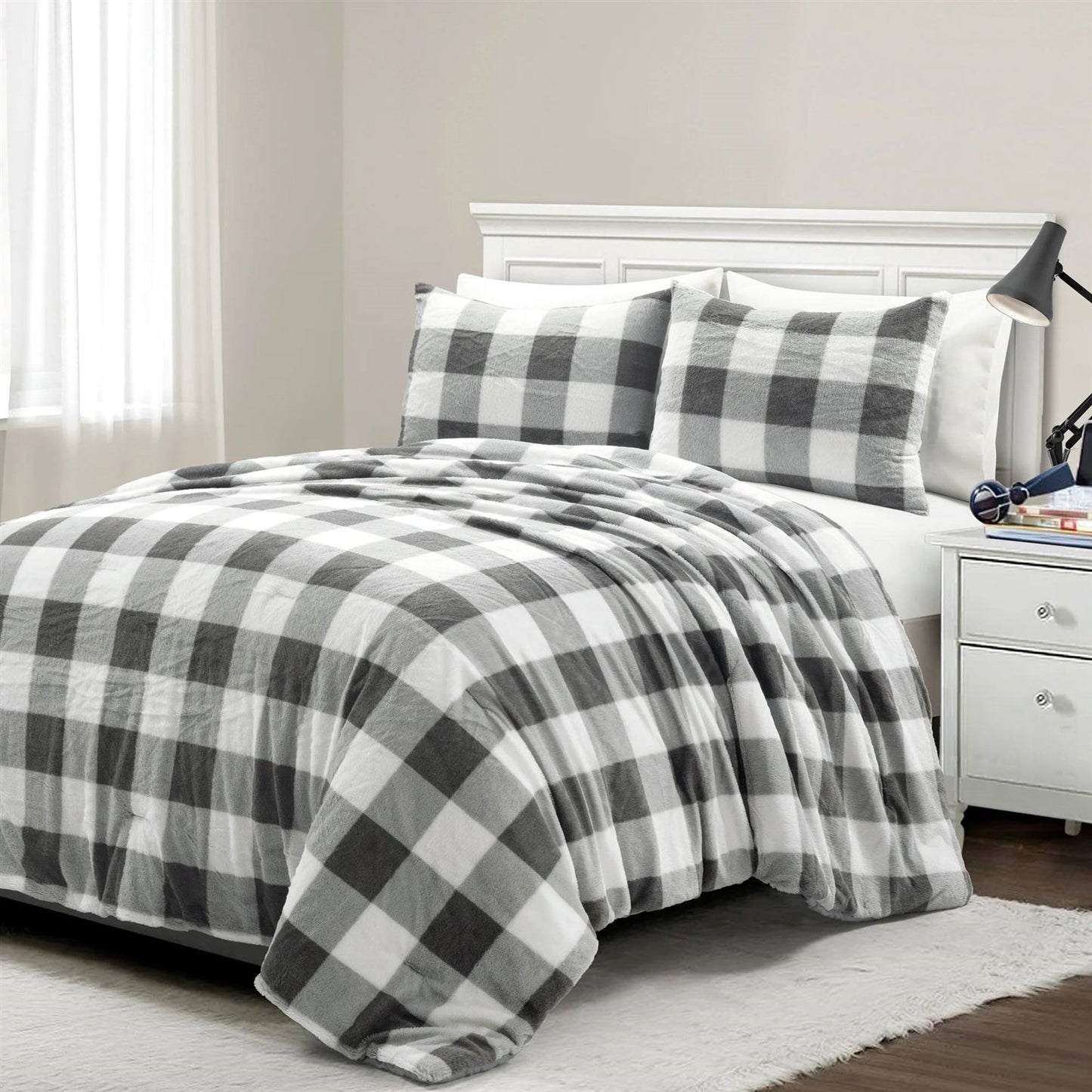 Twin Size Plaid Soft Faux Fur Comforter Set in Black White Grey — Chic Home-Decor