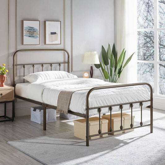 Twin size vintage bronze metal platform bed frame with headboard and footboard in a sunlit bedroom with white bedding