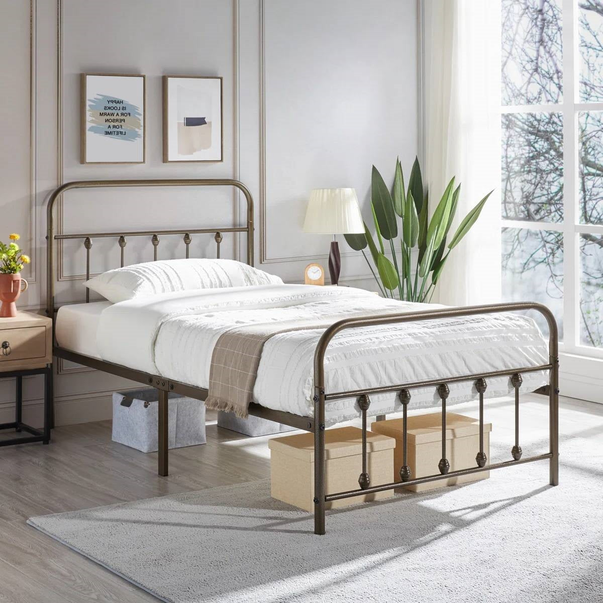 Vintage Bronze Metal Platform Bed Frame with Headboard and Footboard – Twin