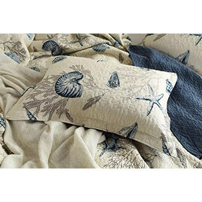 Twin size 100-Percent Cotton 2-Piece Quilt Bedspread Set with Ocean Nautical Beach Sea Shells Pattern
