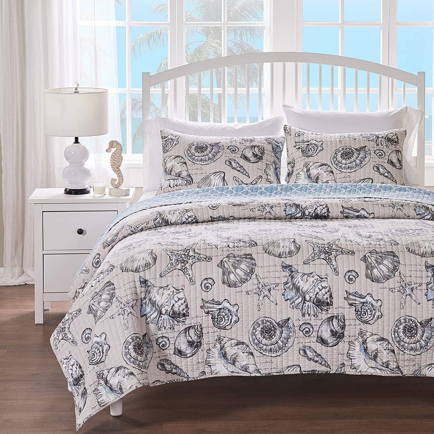 Twin/Twin XL size 2 Piece Microfiber Beach Shells Coastal Reversible Quilt Set — Chic Home-Decor