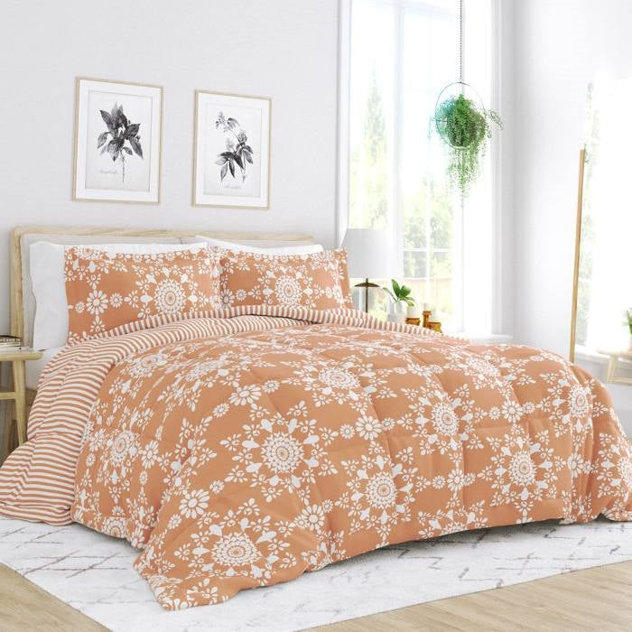 Twin 2 Piece Clay and White Reversible Daisy Medallion Striped Comforter Set — Chic Home-Decor