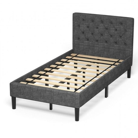 Twin Size Grey Upholstered Button Tufted Headboard Platform Bed — Chic Home-Decor