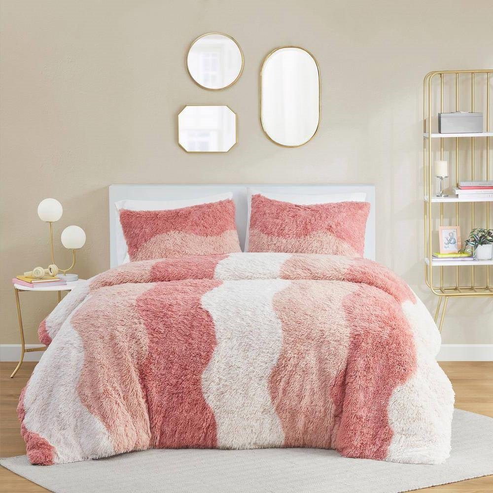 Twin/Twin XL Pink Blush White Reversible Soft Sherpa Faux Fur 2-PC Comforter Set — Chic Home-Decor