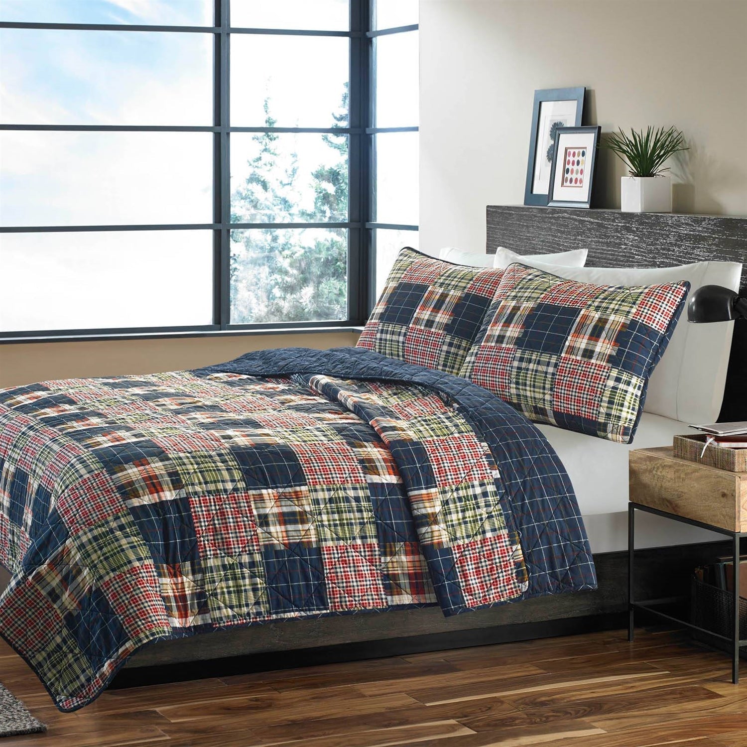 Twin size Farmhouse Red Navy Plaid 100-Percent Cotton Reversible Quilt Set — Chic Home-Decor
