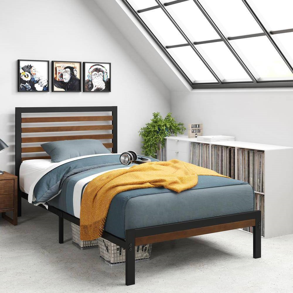 Twin Student Dorm Black Metal Platform Bed Frame with Brown Wood Slat Headboard — Chic Home-Decor