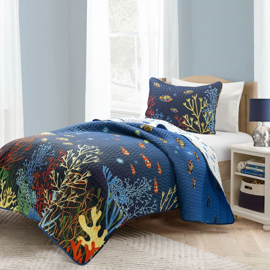 Twin 2 Piece Lightweight Ocean Navy Blue Clown Fish Coral Reversible Quilt Set — Chic Home-Decor