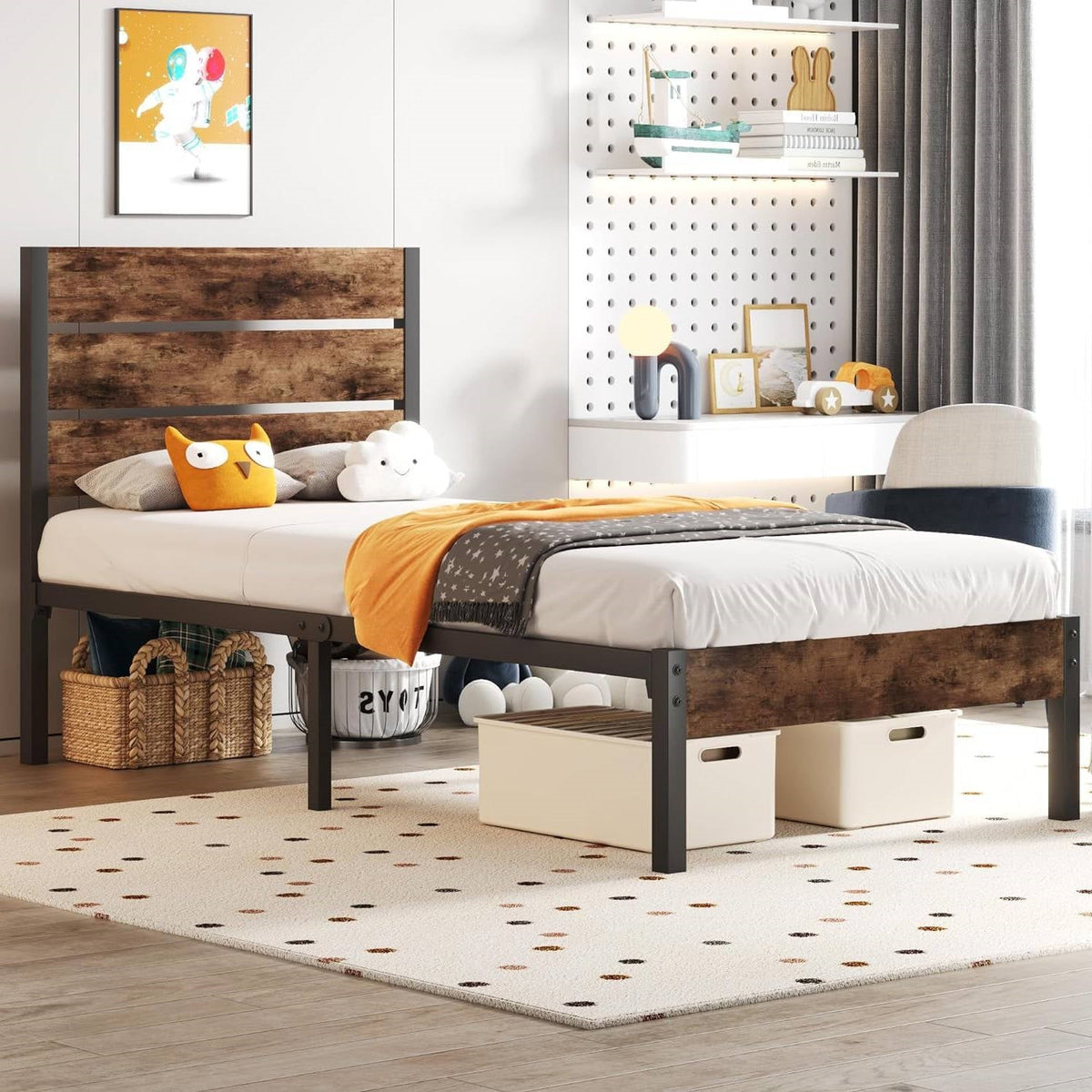 Modern Farmhouse Metal Platform Bed Frame with Brown Wood Headboard – Twin
