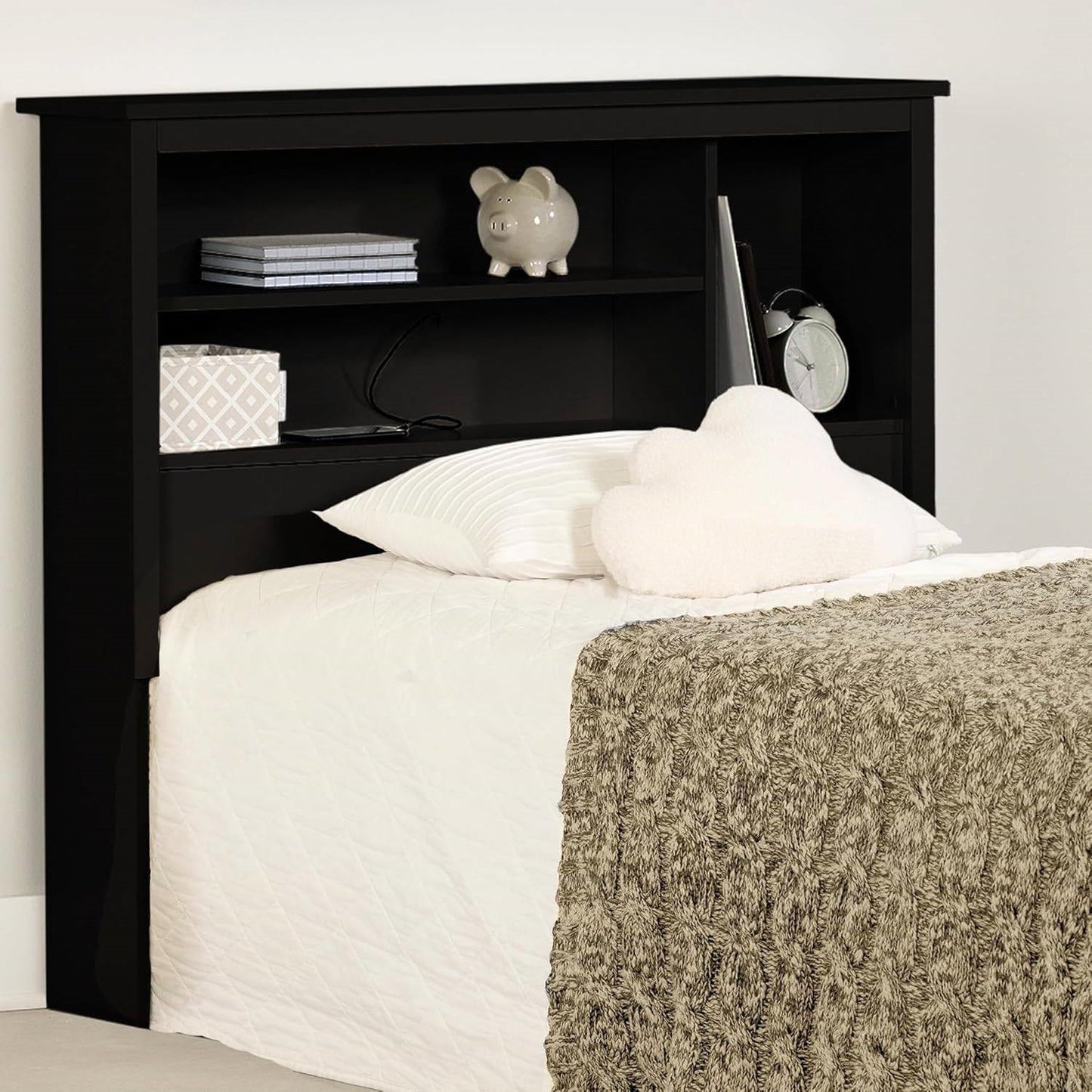 Twin size Modern Bookcase Headboard in Black Wood Finish