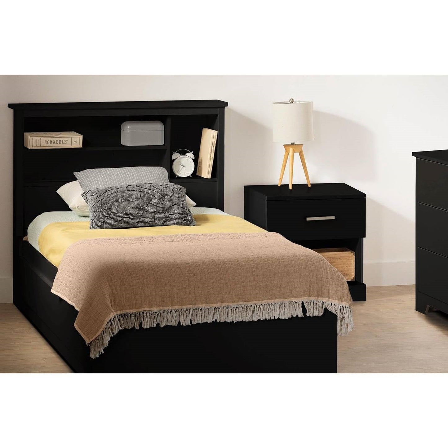 Twin size Modern Bookcase Headboard in Black Wood Finish