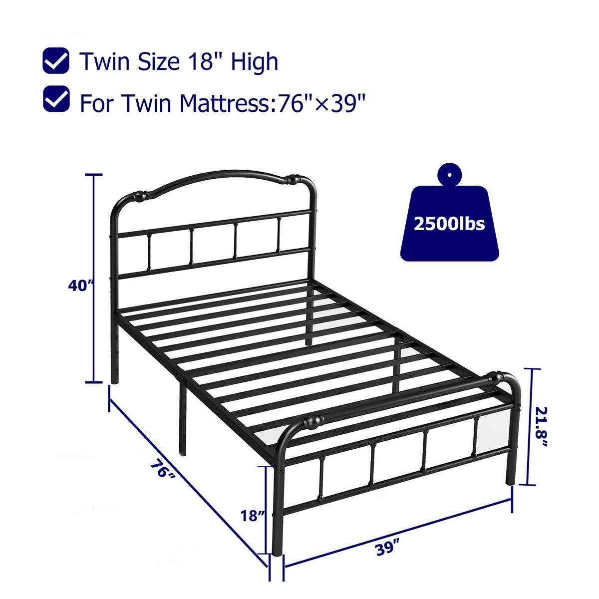 Twin Size Industrial Vintage Heavy Duty Steel Slat Bed Frame