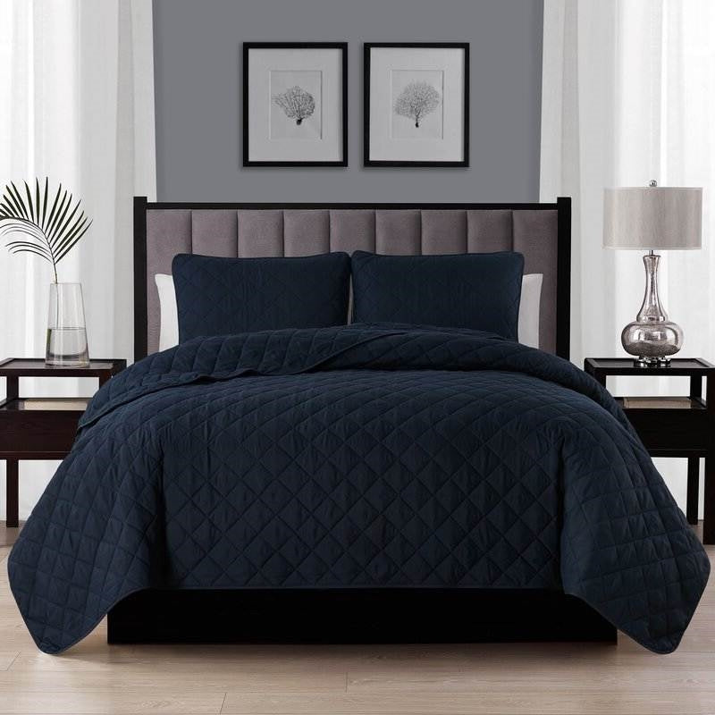 Twin/Twin XL 2-Piece Navy Blue Polyester Microfiber Reversible Diamond Quilt Set — Chic Home-Decor