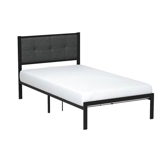 Twin Metal Platform Bed Frame with Gray Button Tufted Upholstered Headboard — Chic Home-Decor