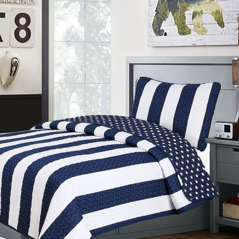 Twin 2 Piece Navy White Stars Stripes 100-Percent Cotton Reversible Quilt Set — Chic Home-Decor