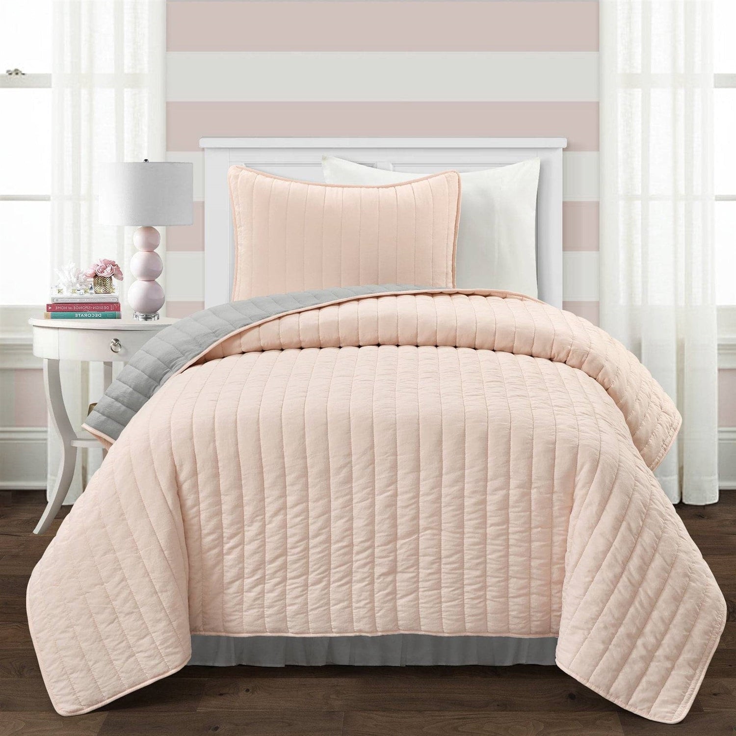 Twin/Twin XL Soft Reversible Lightweight Quilt Set in Rose Blush Pink and Grey — Chic Home-Decor