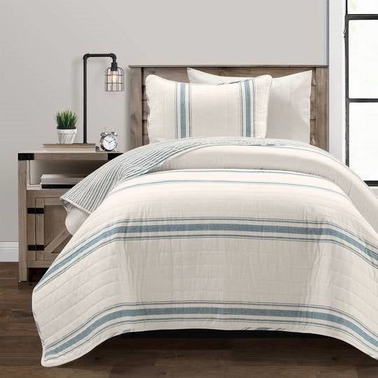 Twin/Twin XL Blue Off-White Stripe 2 Piece Reversible Cotton Quilt Set — Chic Home-Decor