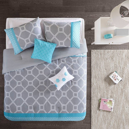 Twin / Twin XL 4-Piece Teal Blue Grey White Geometric Comforter Set