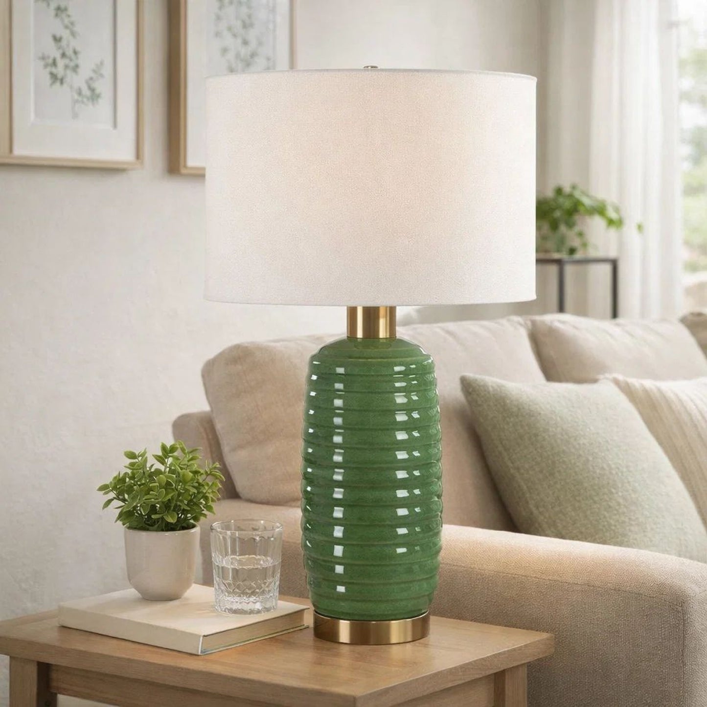 Table Lamp, Off White Linen Shade, 27 Inch Olive Green Ribbed Ceramic
