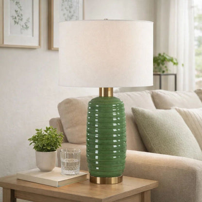 Table Lamp, Off White Linen Shade, 27 Inch Olive Green Ribbed Ceramic
