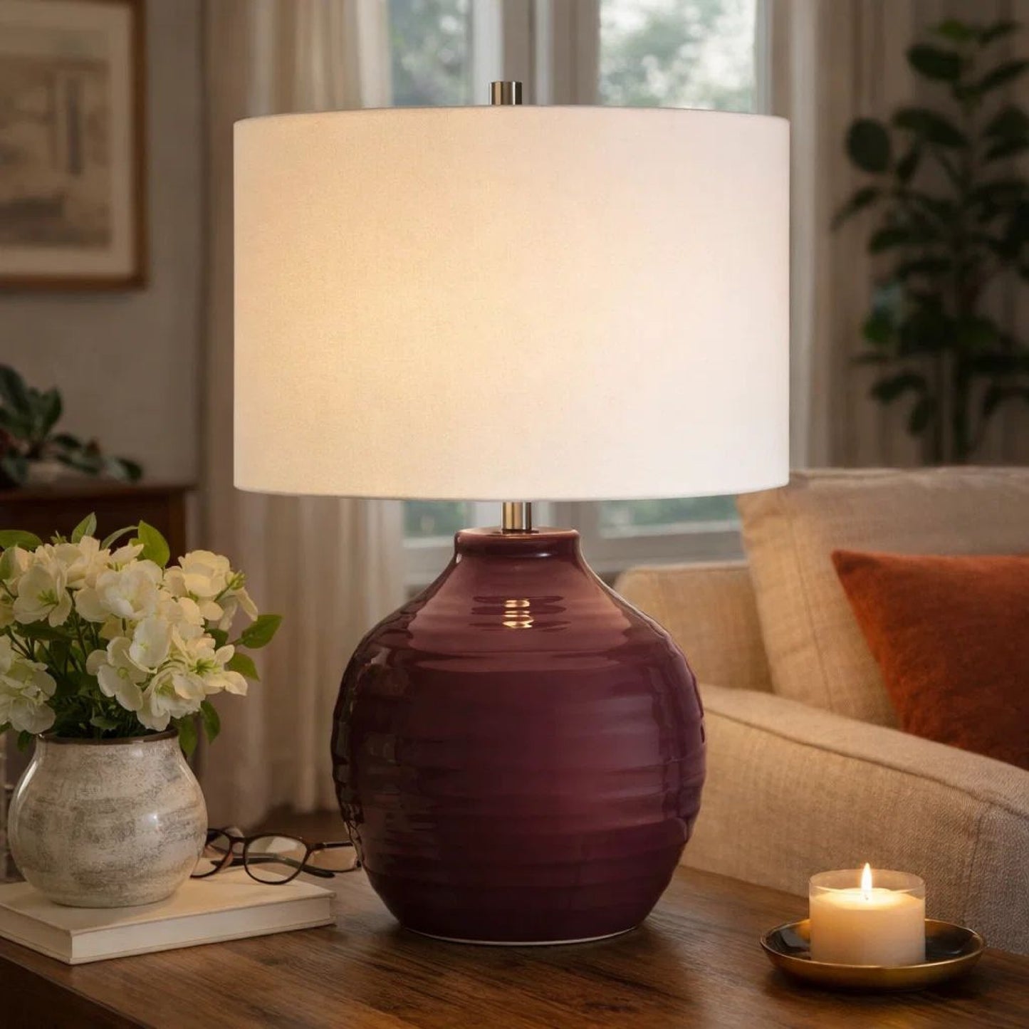 Table Lamp, Round Linen Shade, Ruby Red Textured Round Ceramic, 23 Inch