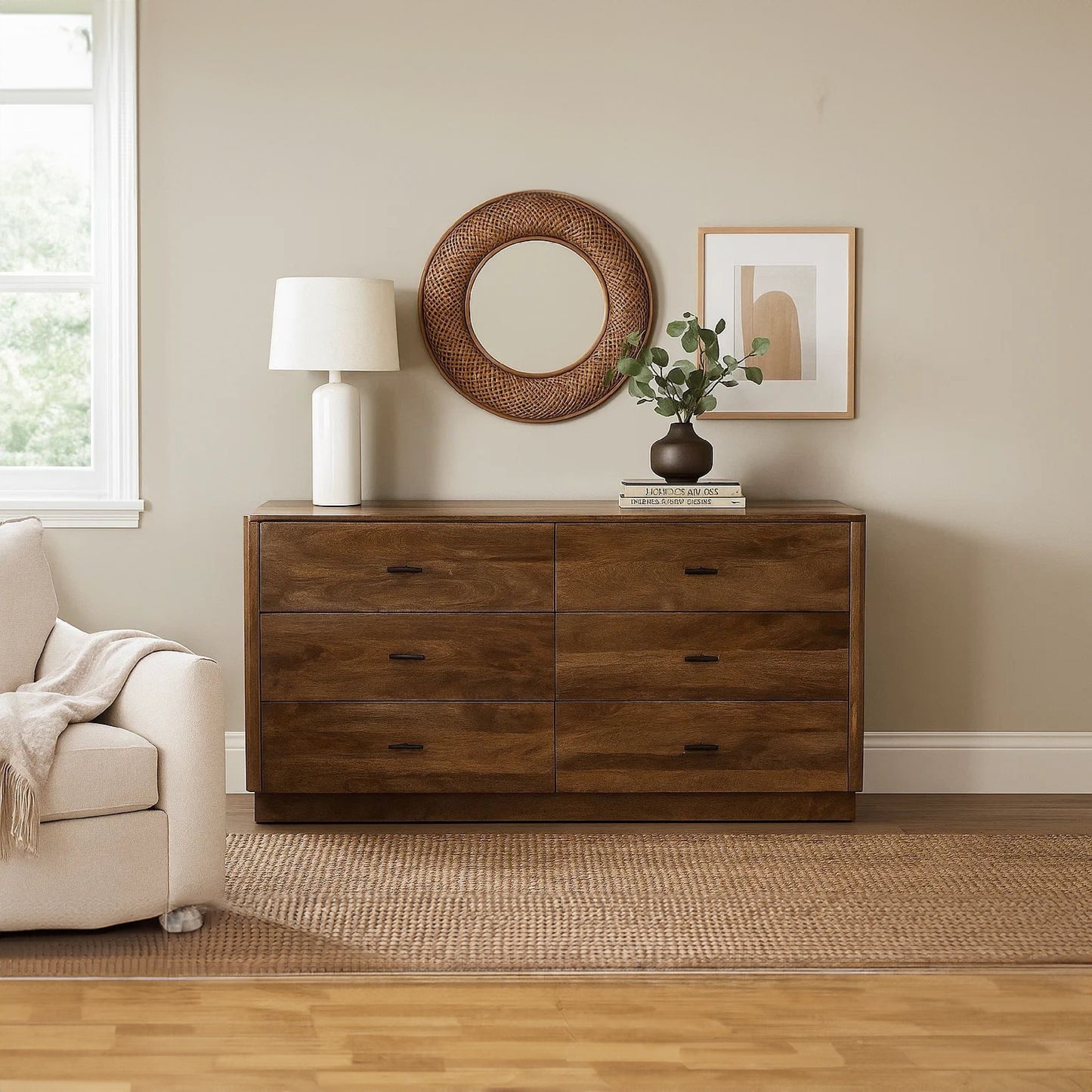 Tao 6 Drawers Dresser, Mango Wood, Walnut Finish, 60"