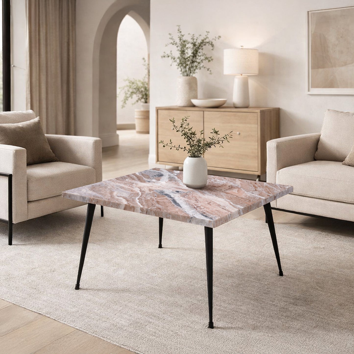 Taro Coffee Table | 24 Inch Square Taupe Brown Real Marble Top | Black Metal Legs