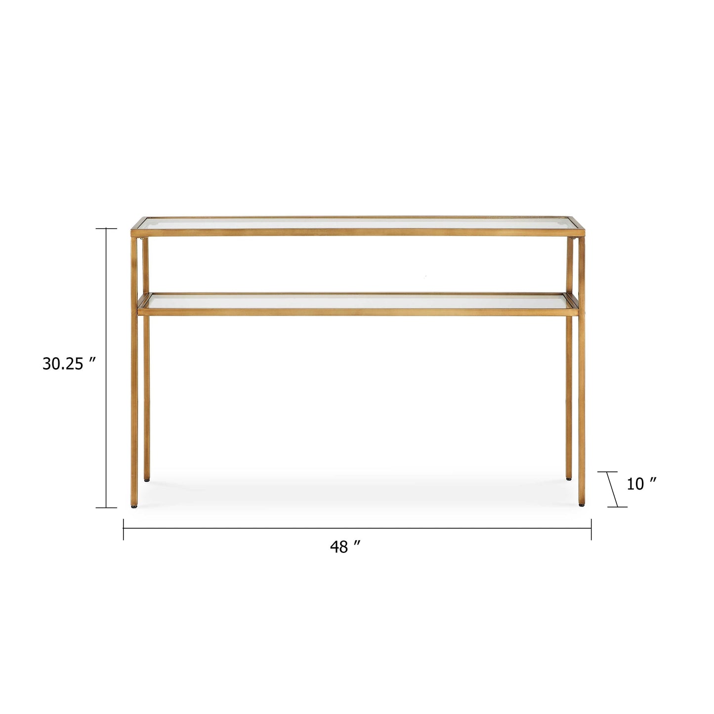 Ted Sofa Console Table w Open Shelf, 48 Inch Glass Top, Gold Iron