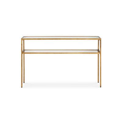 Ted Sofa Console Table w Open Shelf, 48 Inch Glass Top, Gold Iron