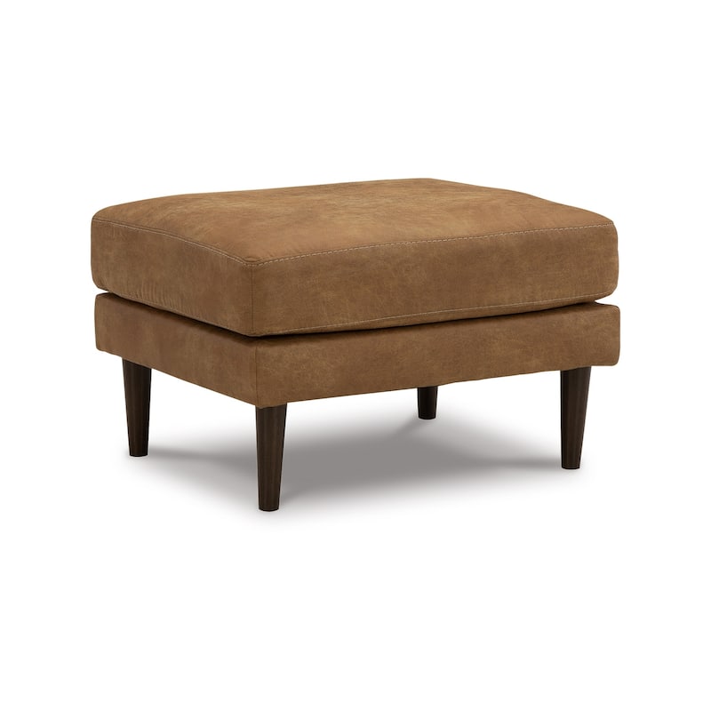 Tely Ottoman, Caramel Brown Faux Leather, Tapered Black Legs, 30 Inch