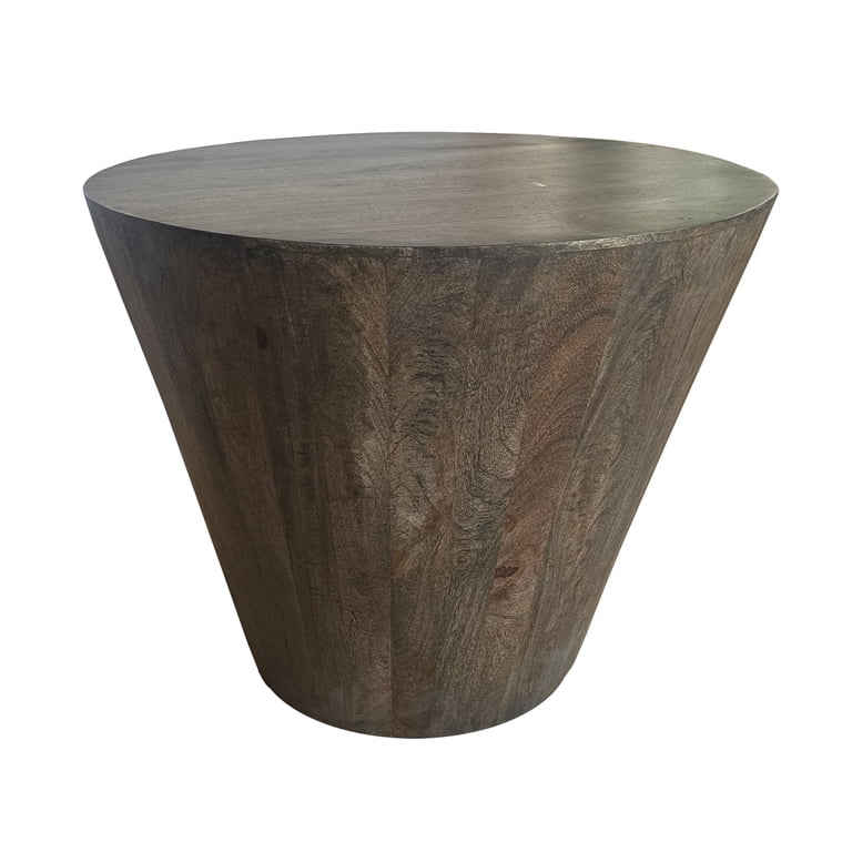 24 Inch Side End Table, Round Drum Shape, Handcrafted Distressed Gray Mango Wood