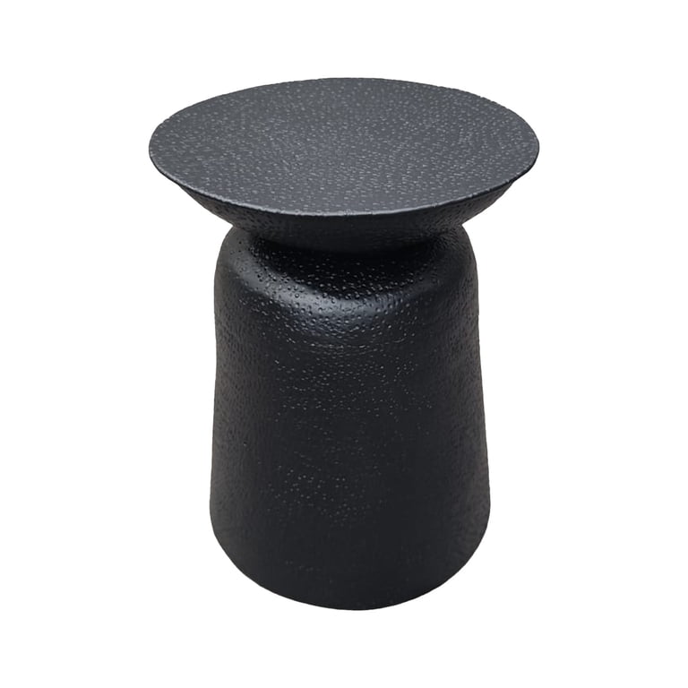 Josi 21 Inch Round Side End Table, Handcrafted Hammered Design, Drum Pedestal Aluminum Base, Matte Black