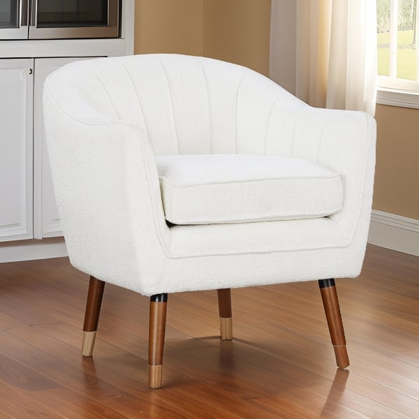 Tia 31 Inch Plush Accent Chair Armchair, White Polyester, Brown Solid Wood