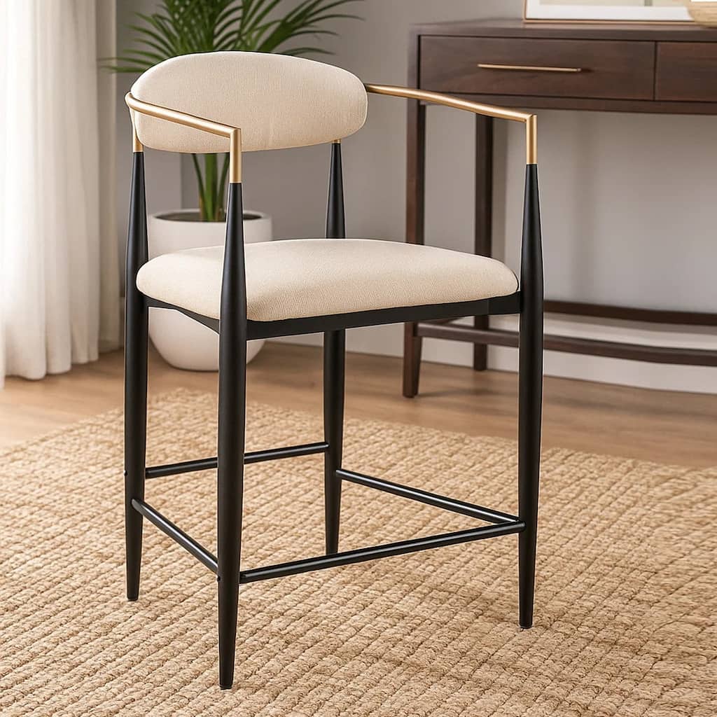 Tiara Counter Height Chair Set of 2, Beige Fabric, Black Metal 25 Inch