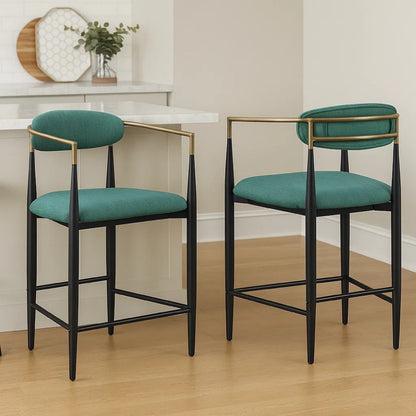 Tiara Counter Height Chair Set of 2, Beige Fabric, Black Metal 25 Inch
