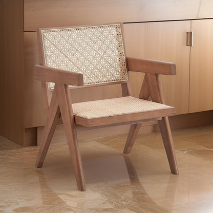Tina 26 Inch Accent Armchair, Woven Rattan, Natural Brown Wood Finish