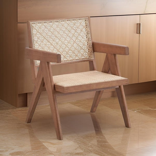 Tina 26 Inch Accent Armchair, Woven Rattan, Natural Brown Wood Finish
