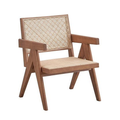 Tina 26 Inch Accent Armchair, Woven Rattan, Natural Brown Wood Finish