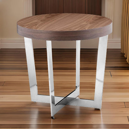 Tini 24 Inch Side End Table, Round Shaped Top, Metal Frame, Walnut Brown