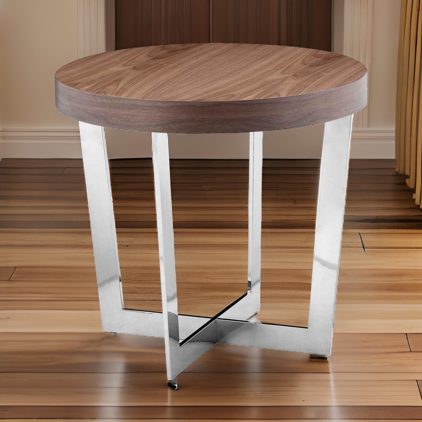 Tini 24 Inch Side End Table, Round Shaped Top, Metal Frame, Walnut Brown