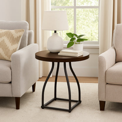Tior Accent Table, 20 Inch Round Wood Laminate Top, Black Metal Base