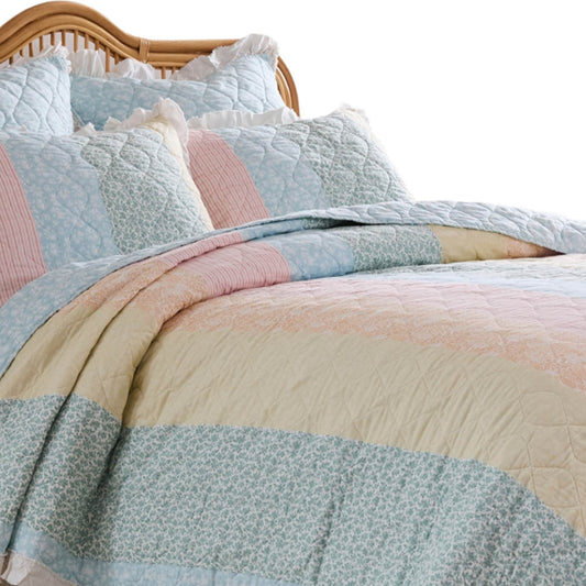 Tisy 2pc Twin Size Quilt Set, Cotton, Polyester, Pastel Color Stripes