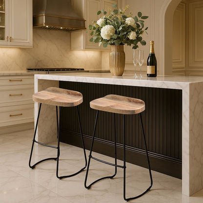 30 Inch Handcrafted Backless Counter Height Barstool, Natural Brown Mango Wood Saddle Seat, Black Iron Base
