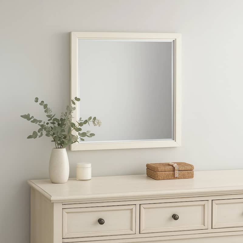Toi Dresser Mirror, Beveled Glass, Antique White Finished Solid Wood, 38 Inch