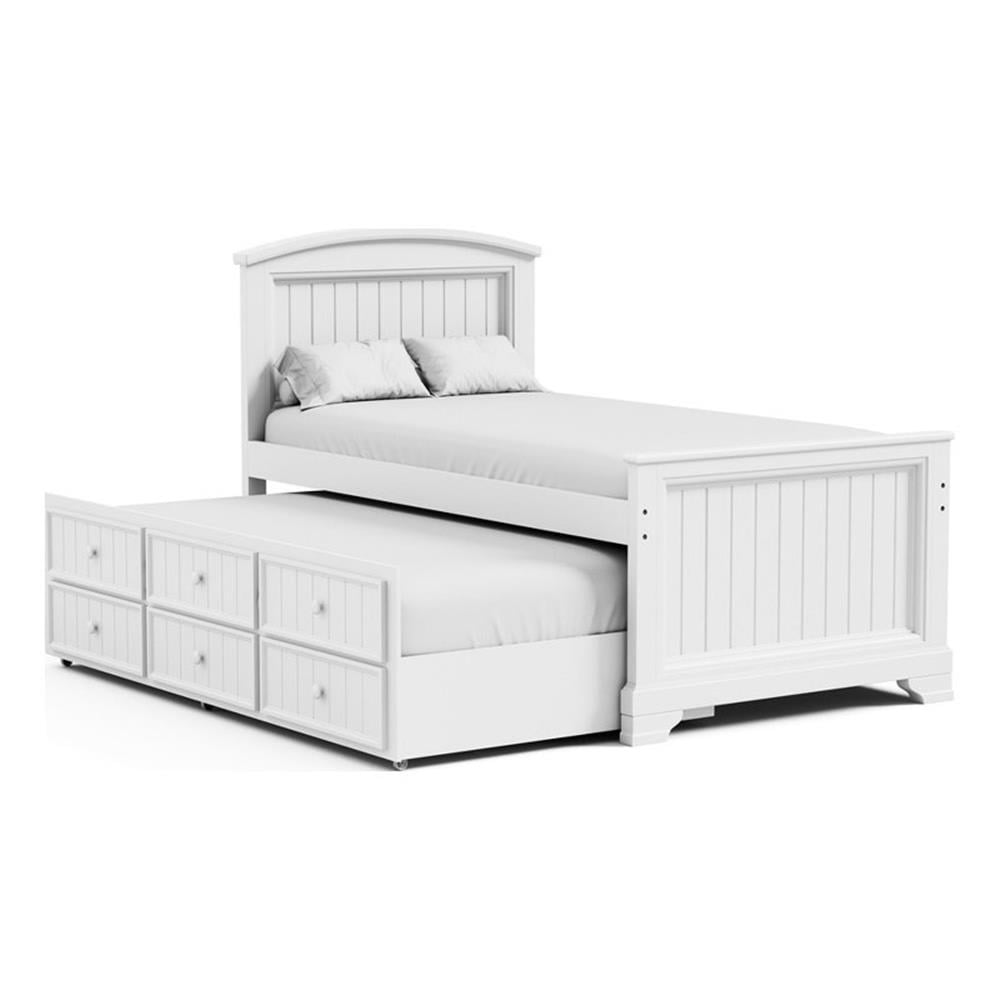Toli Twin Captain Bed w Trundle, Drawers, White Curved Panel Headboard