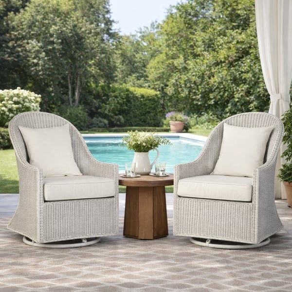 Tomo Outdoor Swivel Chair, Wingback Design, White Fabric, Wicker Rattan