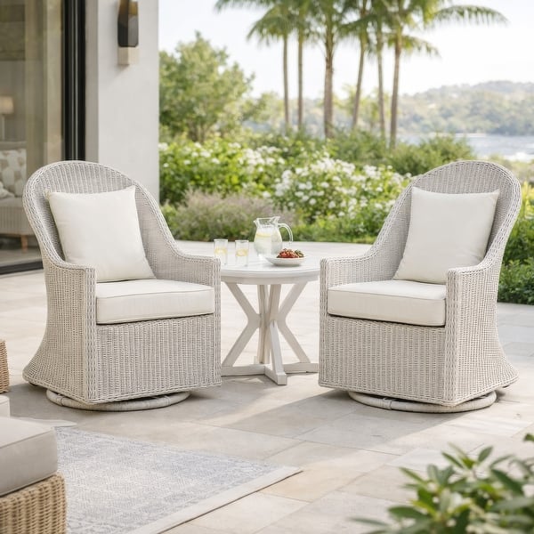 Tomo Outdoor Swivel Chair, Wingback Design, White Fabric, Wicker Rattan