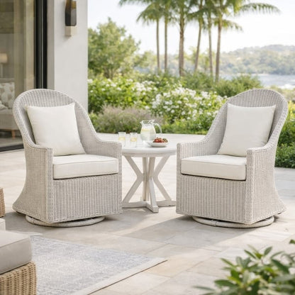 Tomo Outdoor Swivel Chair, Wingback Design, White Fabric, Wicker Rattan