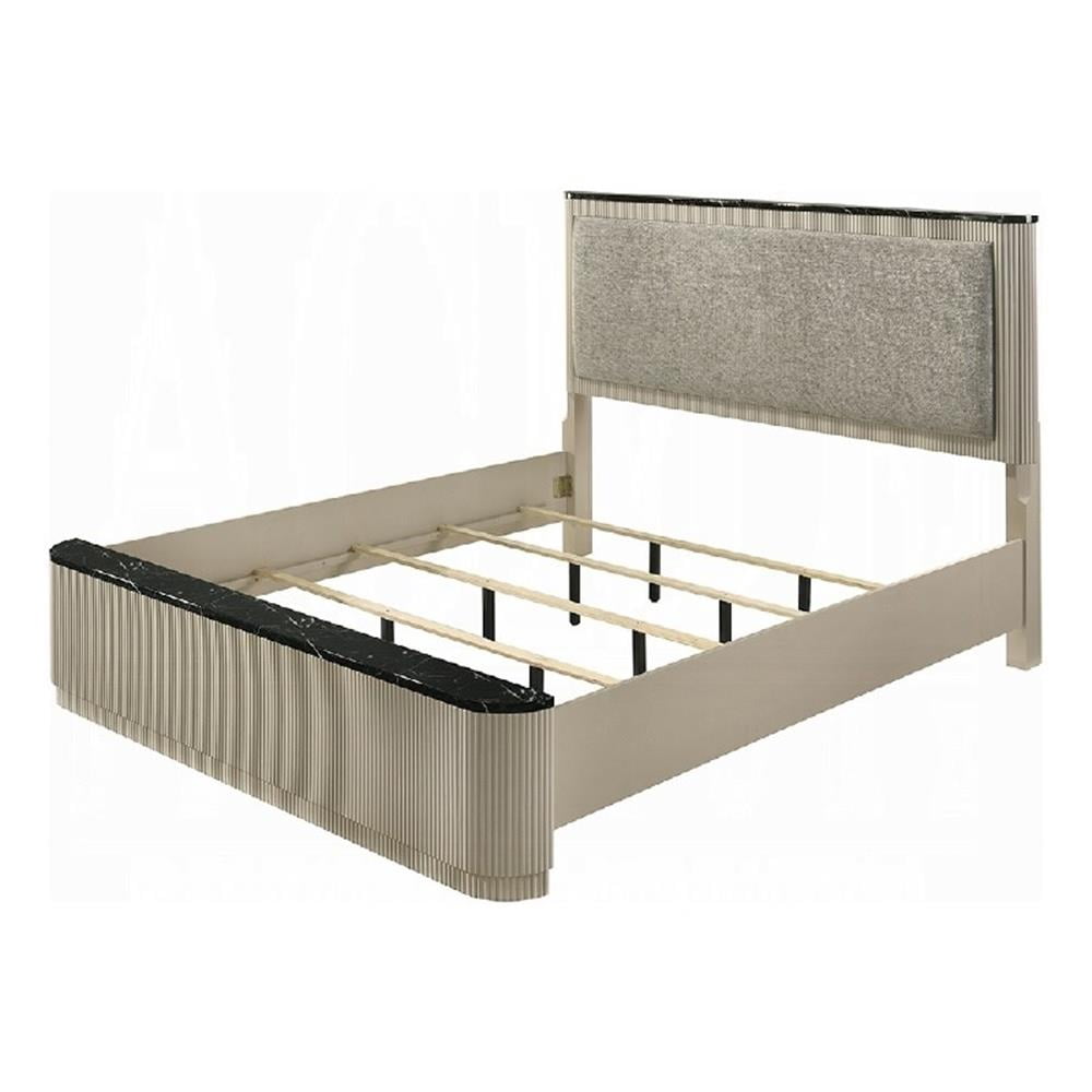 Trex Queen Bed, Gray Linen Upholstery, Marble Print Tops, Fluted Beige Wood