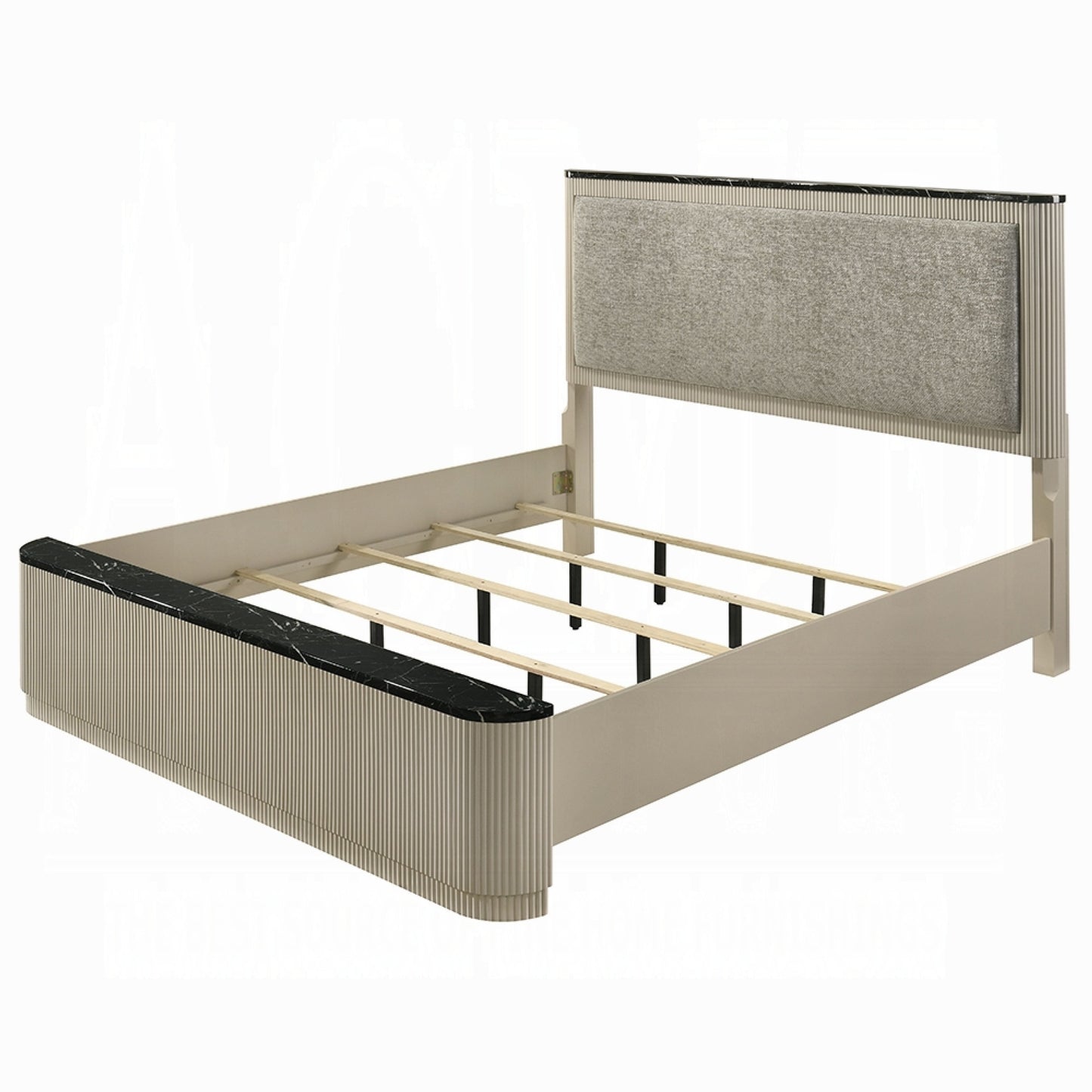 Trex Queen Bed, Gray Linen Upholstery, Marble Print Tops, Fluted Beige Wood