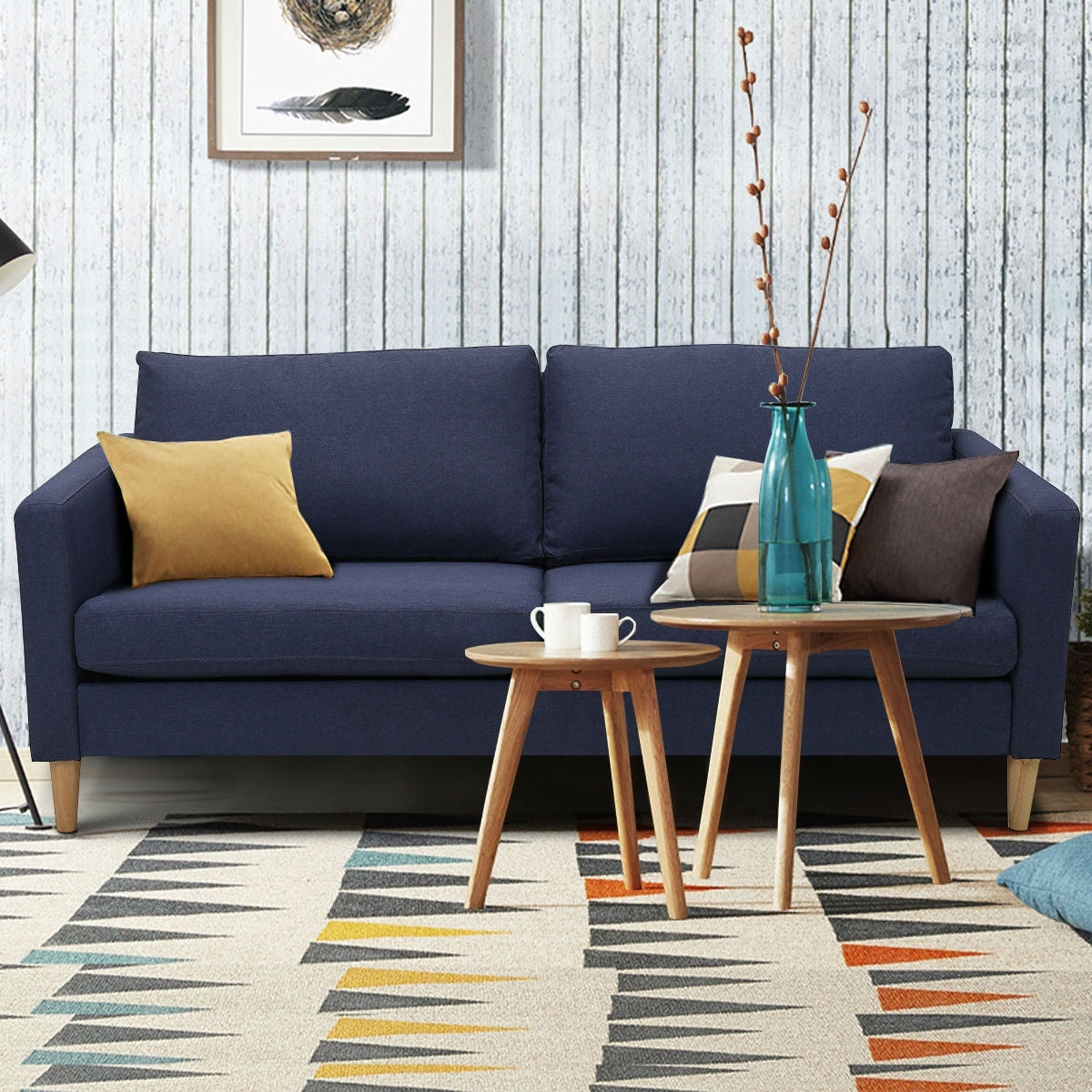 Modern Mid-Century Style Sofa with Wood Legs and Blue Fabric Upholstery